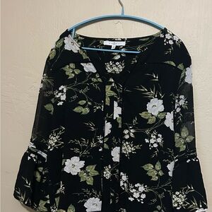 Black Floral Top Ruffle Sleeve Size L